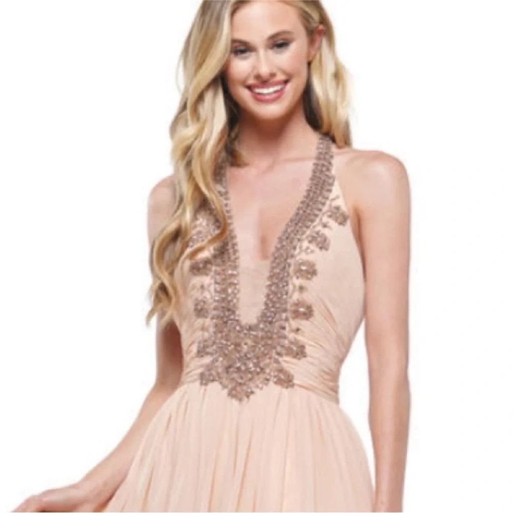NEW COLORS SZ 12 NUDE JEWELED CHIFFON HALTER FORMAL EVENING GOWN